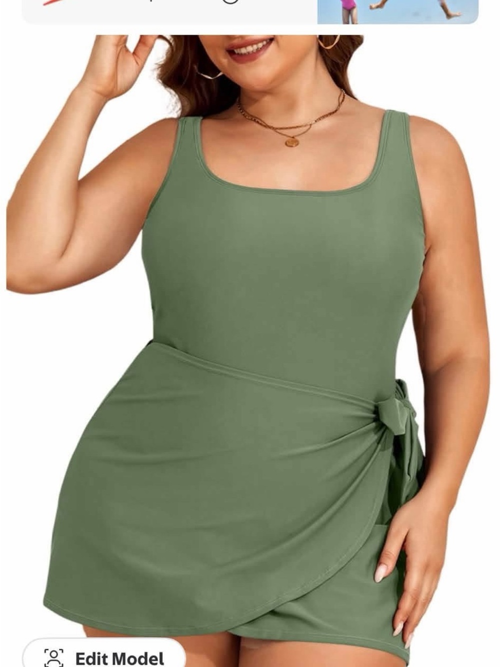 Plus Size Olive Green Swim Dress with Side Tie Skirt